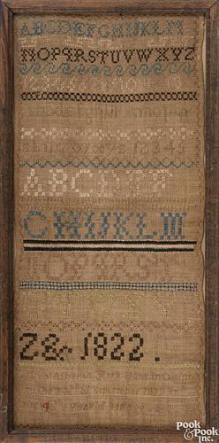 Pair of Oxford, Pennsylvania silk on linen band samplers, dated 1822, wrought by Eliza and Sara