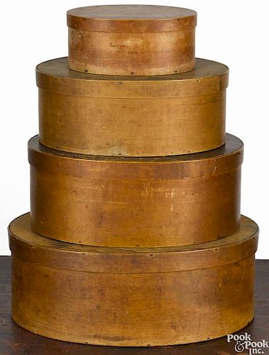 Four stacking Shaker bentwood pantry boxes, 19th c., all with lapped finger construction, stack -