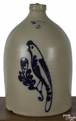 New York three-gallon stoneware jug, 19th c., impressed Fort Edward Pottery Co., with cobalt bir
