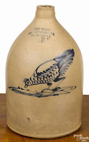 New York three-gallon stoneware jug, 19th c., impressed New York Stoneware Co. Fort Edward N.Y.,