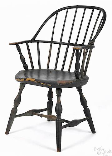 New England sackback Windsor armchair, ca. 1790, retaining an old black over red over green surfac