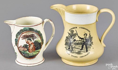 English yellowware pitcher, early 19th c., 6 1/4'' h., decorated with Juvenile Companions, together