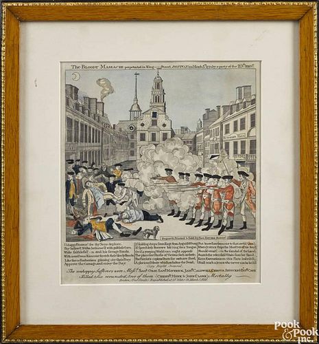 After Paul Revere, 1735-1818, color engraving The Bloody Massacre, pub. 1832, 10'' x 9''.