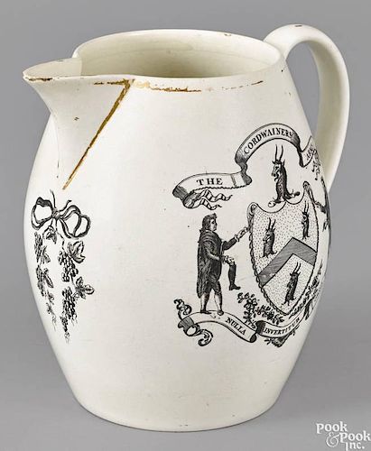 Liverpool pitcher, early 19th c., decorated with The Cordwainers' Arms, the reverse with Palemon a