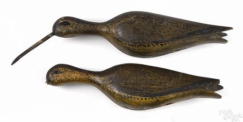 Pair of carved and painted curlew decoys, early 20th c., 17'' l. and 13 3/4'' l.