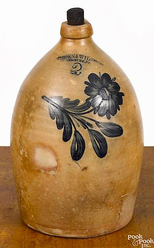 Pennsylvania two-gallon stoneware jug, 19th c., impressed Cowden & Wilcox Harrisburg, PA, with c