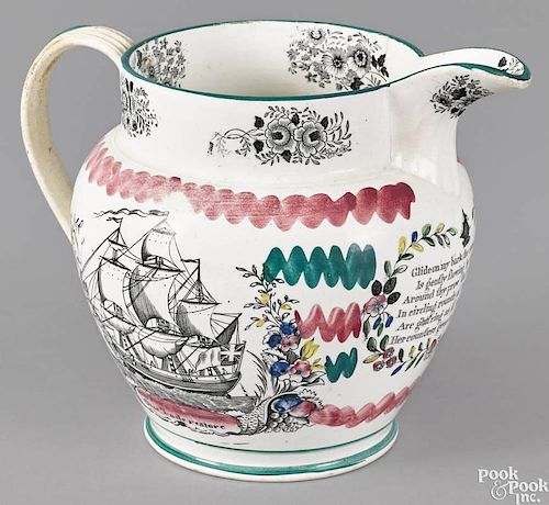 English pearlware pitcher, early 19th c., decorated with the Wear bridge, the reverse with a friga