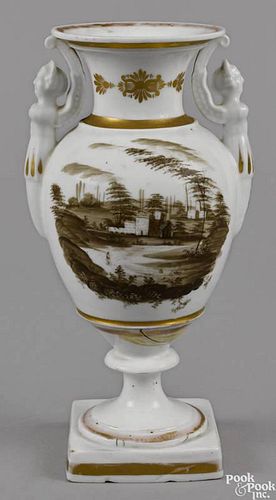 Philadelphia Tucker porcelain vase, ca. 1825, with grisaille landscape decoration, the reverse wit