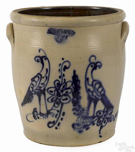 New York six-gallon stoneware crock, 19th c., impressed Ithaca N.Y., with a vibrant cobalt decor