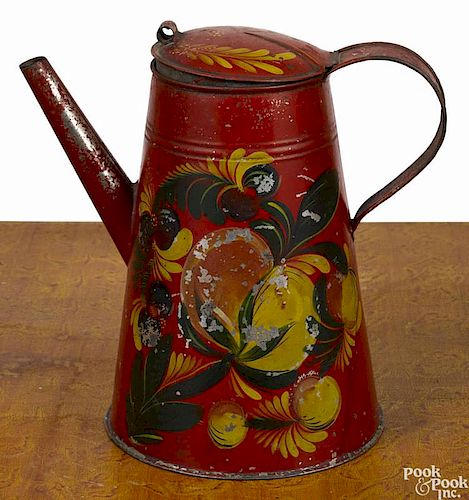 Red tole coffee pot, 19th c., retaining its original vibrant floral decoration, 8 1/2'' h.