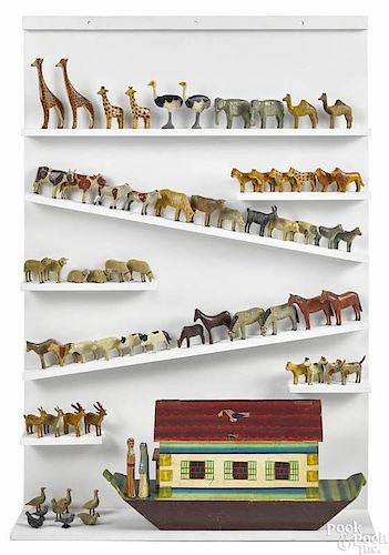 German Noah's Ark, late 19th c., with Noah and his wife and sixty-two animals, ark - 9'' h., 18 1/2