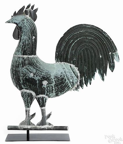 Swell-bodied copper rooster weathervane, late 19th c., retaining an old untouched verdigris surfac