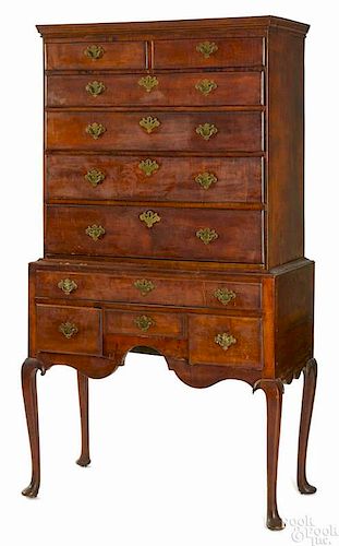 New England Queen Anne tiger maple high chest, ca. 1760, 72'' h., 39'' w.