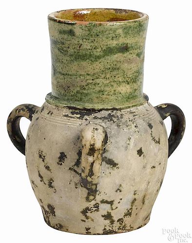 Rare Virginia redware three-handled vase, 19th c., impressed J. Eberly & Bro Strasburg Va, 9'' h.