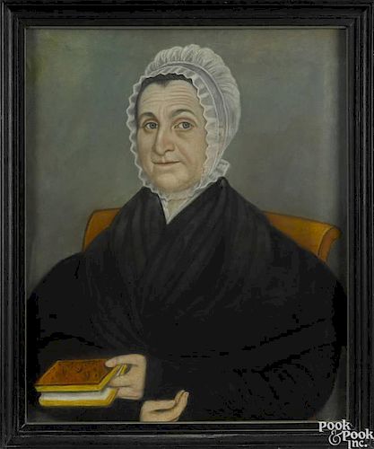 Micah Williams (American 1782-1837), pastel portrait of a woman holding a book, 25 1/2'' x 21''.