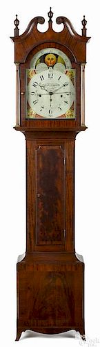 Important Lancaster, Pennsylvania Federal mahogany musical tall case clock, ca. 1815, the broken a