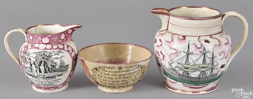 Two English Sunderland pitchers, early 19th c., 7 1/4'' h. and 5 1/2'' h., together with a bowl, 3 1