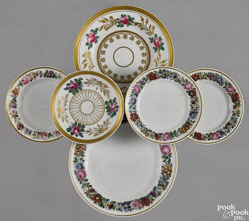 Six Philadelphia Tucker porcelain plates, ca. 1825, all with polychrome floral and gilt decoration