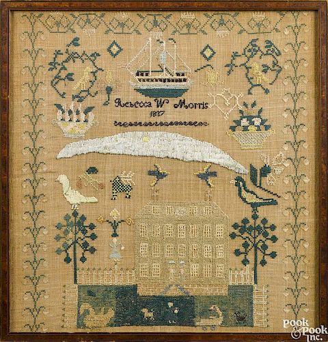 Pennsylvania or New Jersey silk on linen sampler, dated 1827, wrought by Rebecca W. Morris, wi