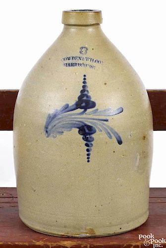 Pennsylvania three-gallon stoneware jug, 19th c., impressed Cowden & Wilcox Harrisburg PA, with