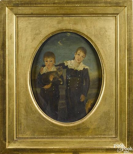Oil on panel portrait of two brothers and their cat, early/mid 19th c., handwritten label verso L