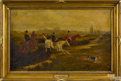 Edmund Benjamin Herberte (French 1836-1899), oil on canvas fox hunting scene, unsigned, 16'' x 26''.