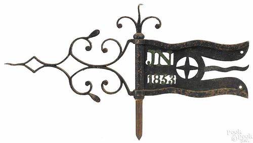 Wrought iron and copper bannerette weathervane, dated 1853, initialed JN, 13 1/2'' h., 24'' w.