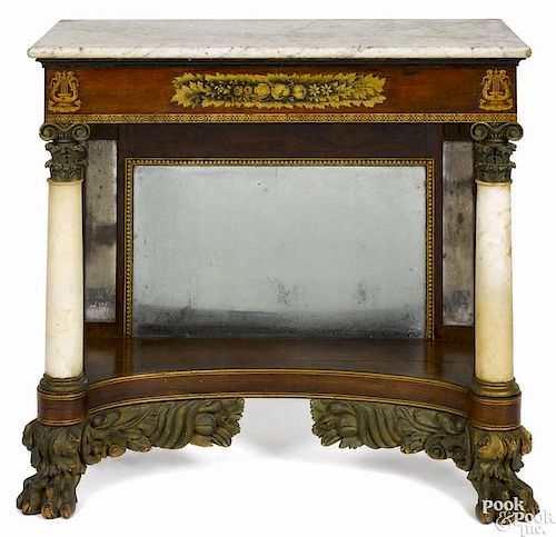 New York Classical rosewood veneer pier table, ca. 1820, with a marble top, columns, and stenciled
