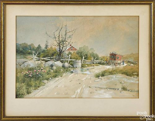 William Louis Sonntag Jr. (American 1869-1898), watercolor landscape with figures and a carriage,