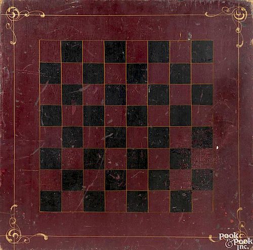 Painted checkerboard, 19th c., retaining its original red and black surface with yellow pinstripin