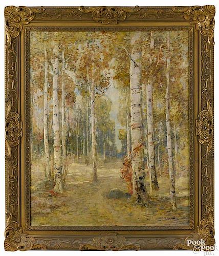 Paul Bernard King (American 1867-1947), oil on canvas wooded landscape, signed lower right, inscri