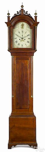 Connecticut Federal mahogany tall case clock, ca. 1810, with an eight-day works and a Roxbury case