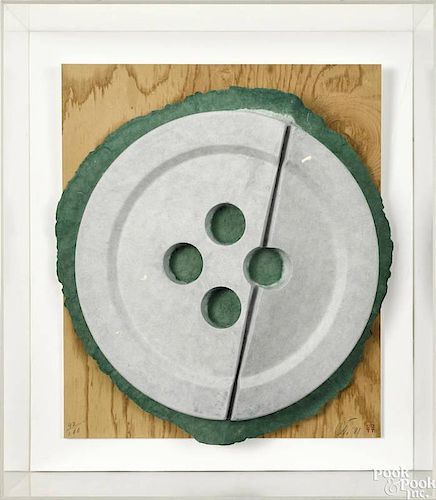 Claes Oldenburg (American b. 1929), molded paper and screenprint, titled Broken Button, initiale