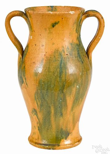 Redware two-handled vase, 19th c., probably Valley of Virginia, with mottled green and orange glaz