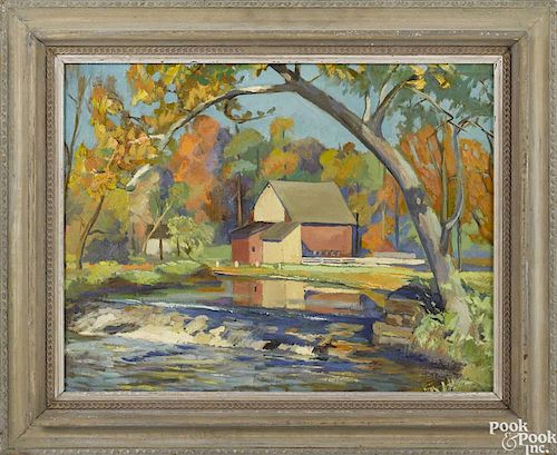 Attributed to Bayard Taylor Berndt (American 1908-1987), oil on canvas, titled Brintons Bridge Da