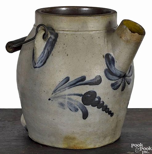 Pennsylvania stoneware batter jug, 19th c., attributed to Cowden & Wilcox, with cobalt floral deco
