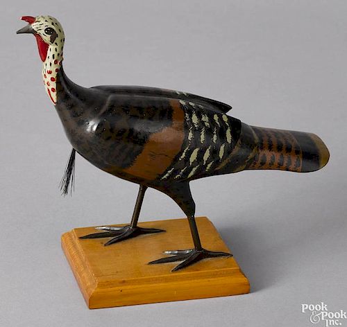 Leo J. Klein (Wilcox, Pennsylvania, mid 20th c.), carved and painted turkey, signed on underside,