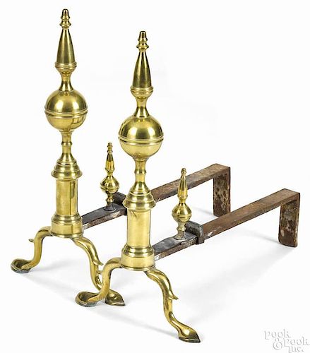 Pair of New York Federal brass steeple top andirons, ca. 1800, 20 1/4'' h.