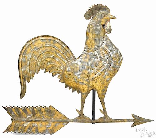 Swell-bodied copper rooster weathervane, late 19th c., retaining an old gilt surface, 25'' h.
