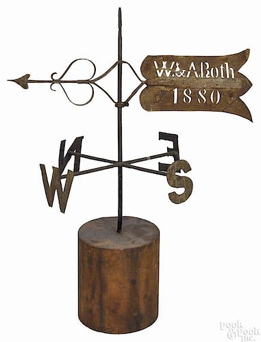 Wrought iron bannerette weathervane, dated 1880, inscribed W & A Roth, 47 1/4'' h., 40'' h.
