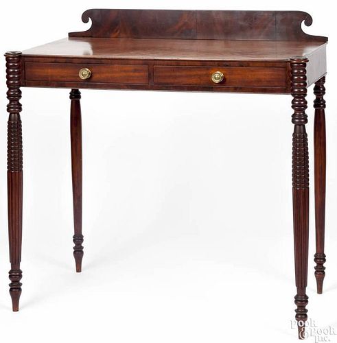 New England Sheraton mahogany server, ca. 1810, with unusual turned and checkered front legs, 36 3