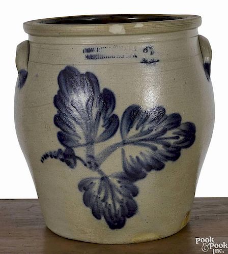 Pennsylvania three-gallon stoneware crock, 19th c., impressed Cowden & Wilcox Harrisburg, PA, wi