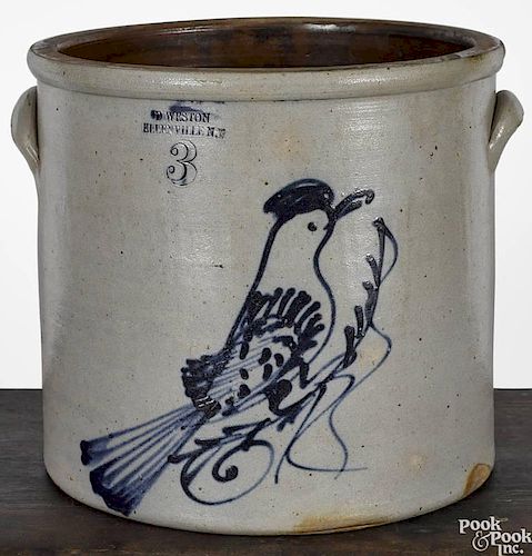 New York stoneware crock, 19th c., impressed D. Weston Ellenville N.Y., with cobalt bird decorat