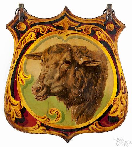 Painted double-sided trade sign, ca. 1900 with a lamb, 20'' x 18''.