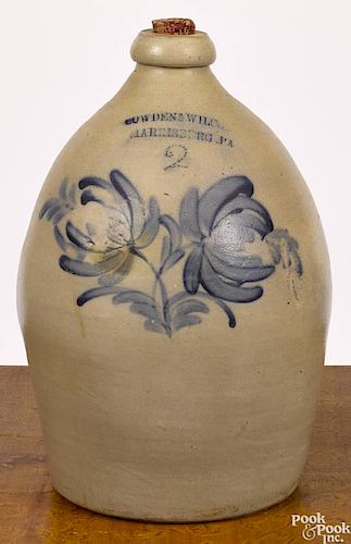Pennsylvania two-gallon stoneware jug, 19th c., impressed Cowden & Wilcox Harrisburg PA, with co