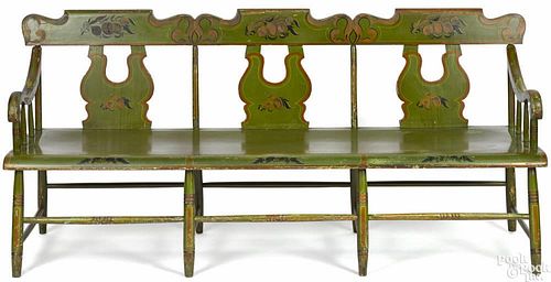 Pennsylvania painted settee, 19th c., retaining its original floral decoration on a green ground,