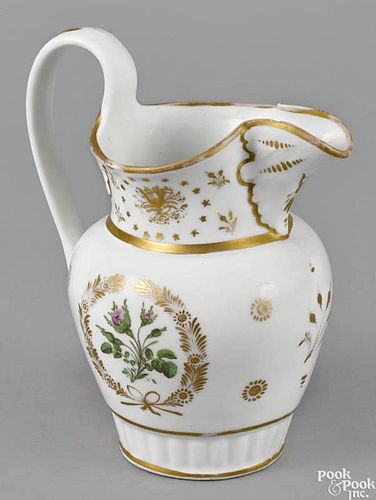 Philadelphia Tucker porcelain pitcher, ca. 1825, with thistle and gilt decoration, 9 1/4'' h. Prove