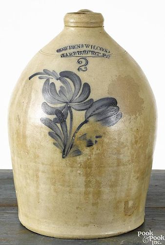Pennsylvania two-gallon stoneware jug, 19th c., impressed Cowden & Wilcox Harrisburg, PA, with c