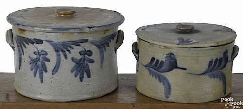 Two Pennsylvania stoneware lidded cake crocks, 19th c., 9'' h., 13 3/4'' w. and 7 1/4'' h., 11 3/4'' w