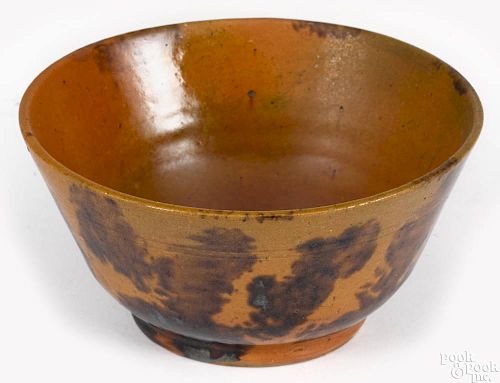 Adams County, Pennsylvania redware bowl, inscribed Solomon Miller Sept 14 1887, with a mottled b